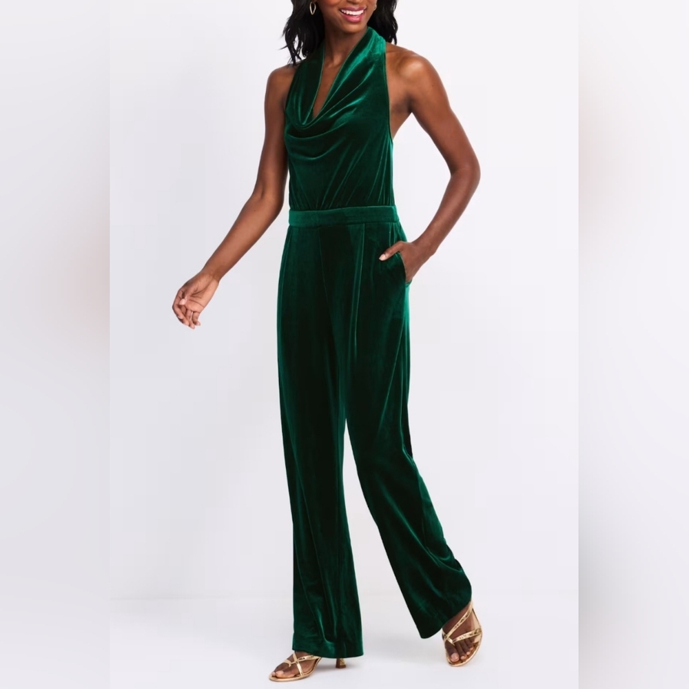 Skies Are Blue Velvet Cowl Neck Sleeveless Wide-leg Jumpsuit:Hunter Green:Size-L